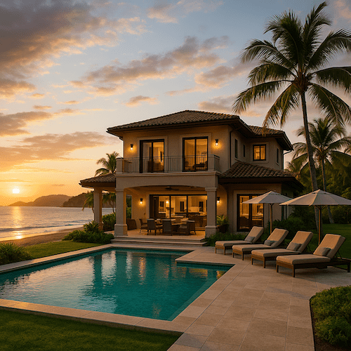 Depiction of an ocean front rental property in Costa Rica at the golden hour