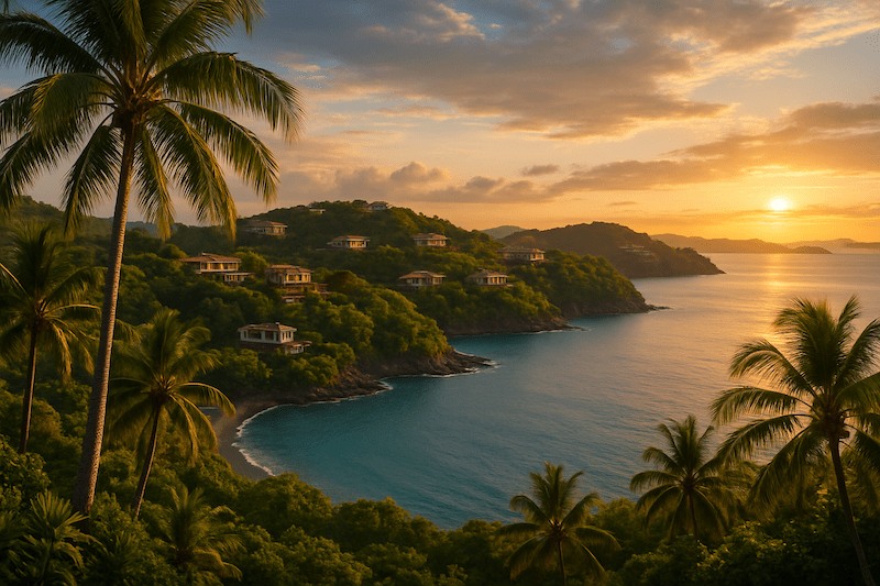 Artwork depicting a beautiful bay in Costa Rica with luxury homes dotted on the hillside evoking a great quality of life