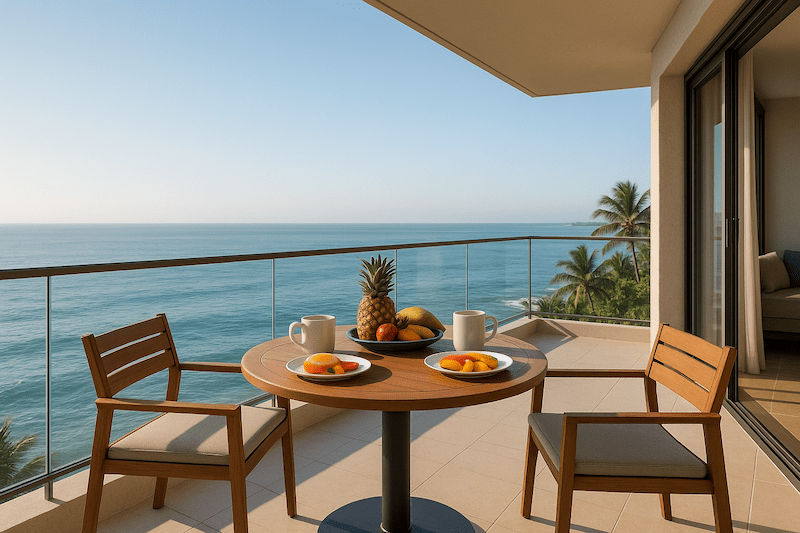Depiction of what living in Costa Rica is like with a meal setting on a balcony overlooking the Pacific Ocean