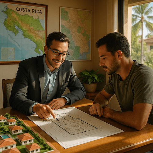 Property manager reviews rental plans with a potential client