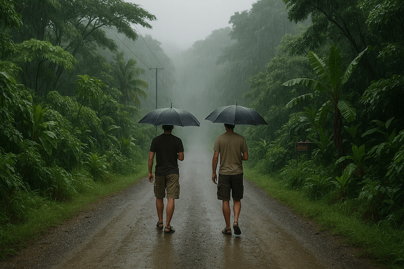 Two persons under umbrellas walking down a dirt road during the Costa Rica rainy season