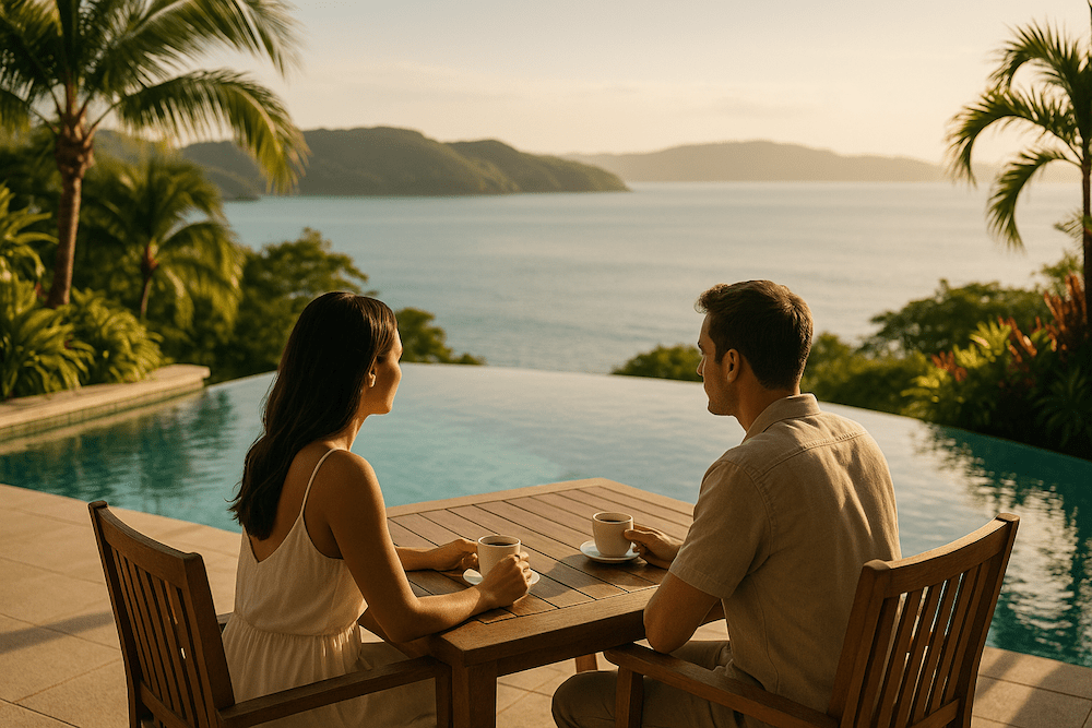 Young couple sitting on a patio drinking coffee while enjoying a view of the Pacific Ocean across an infiniti pool