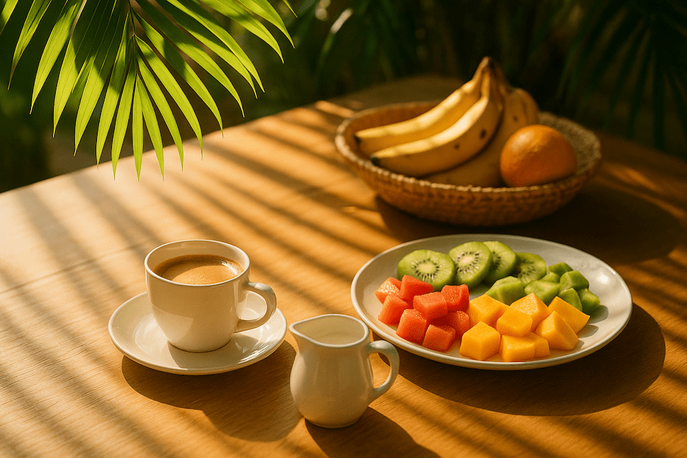 Breakfast table with coffee, a creamer, topical fruit, and a bunch of bananas.