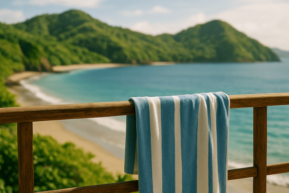 Beach towel draped over a balcony rail in Costa Rica